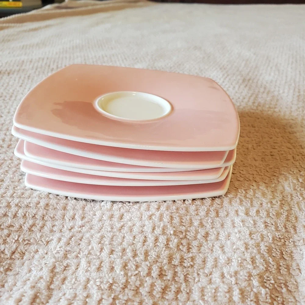 Karaca Fine Bone China Porcelain 6 Saucers Square Pink‎ & White Limited Ed